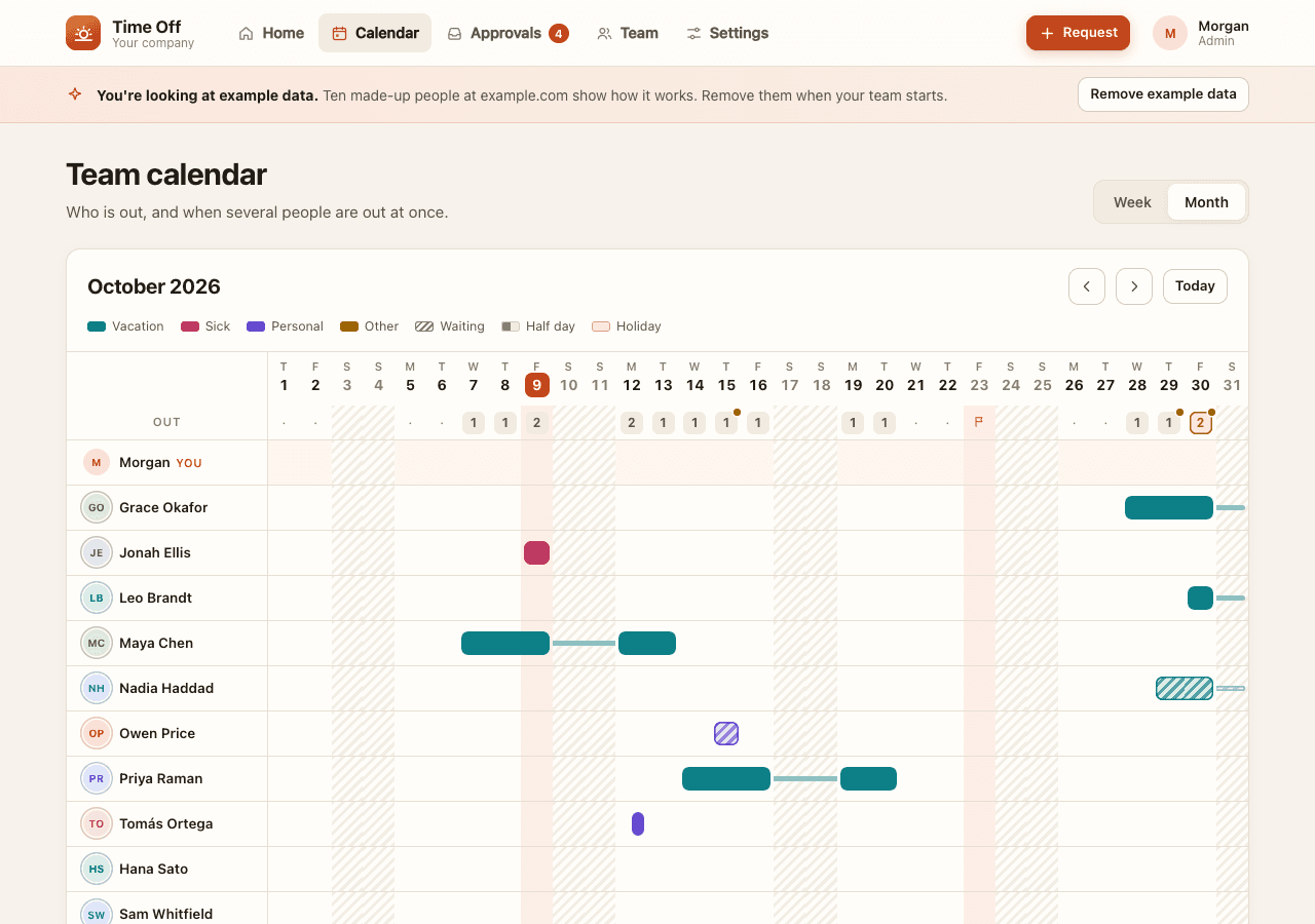 Time Off starter showing requests and a team calendar