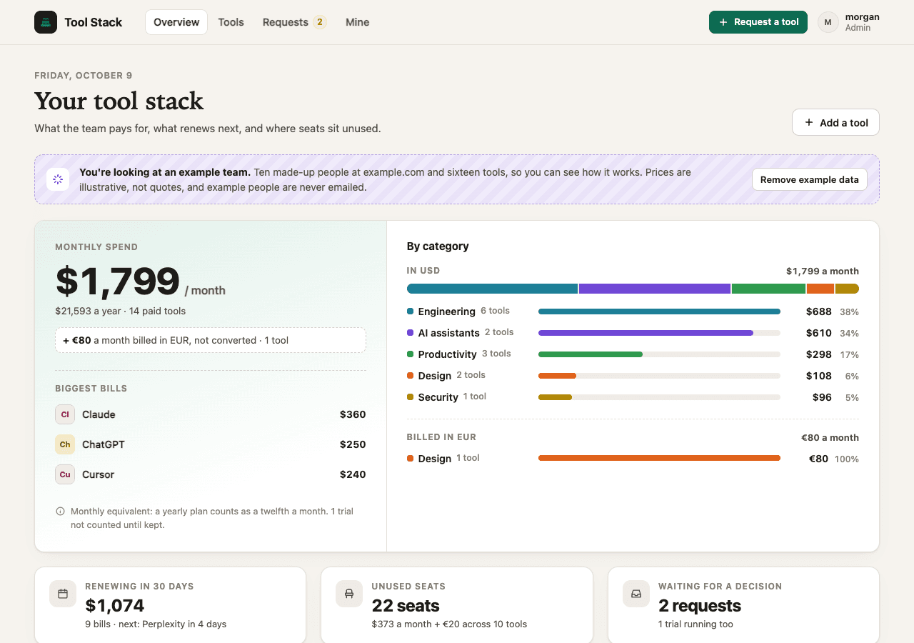 Tool Stack starter showing monthly costs and renewals