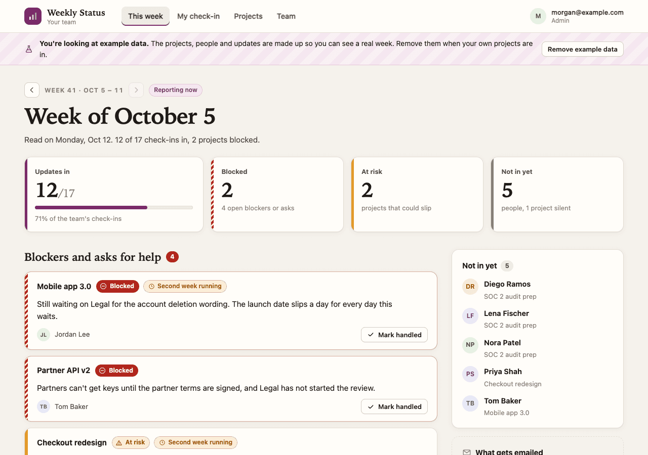 Weekly Status week page with blockers, check-ins and missing updates