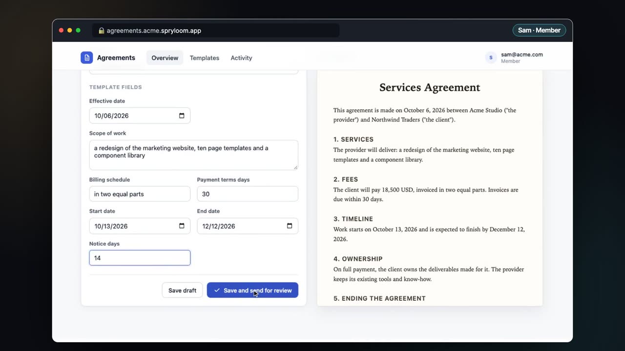 A contract approval tool open in a browser at an address ending in spryloom.app, with a coworker named Sam signed in as a member