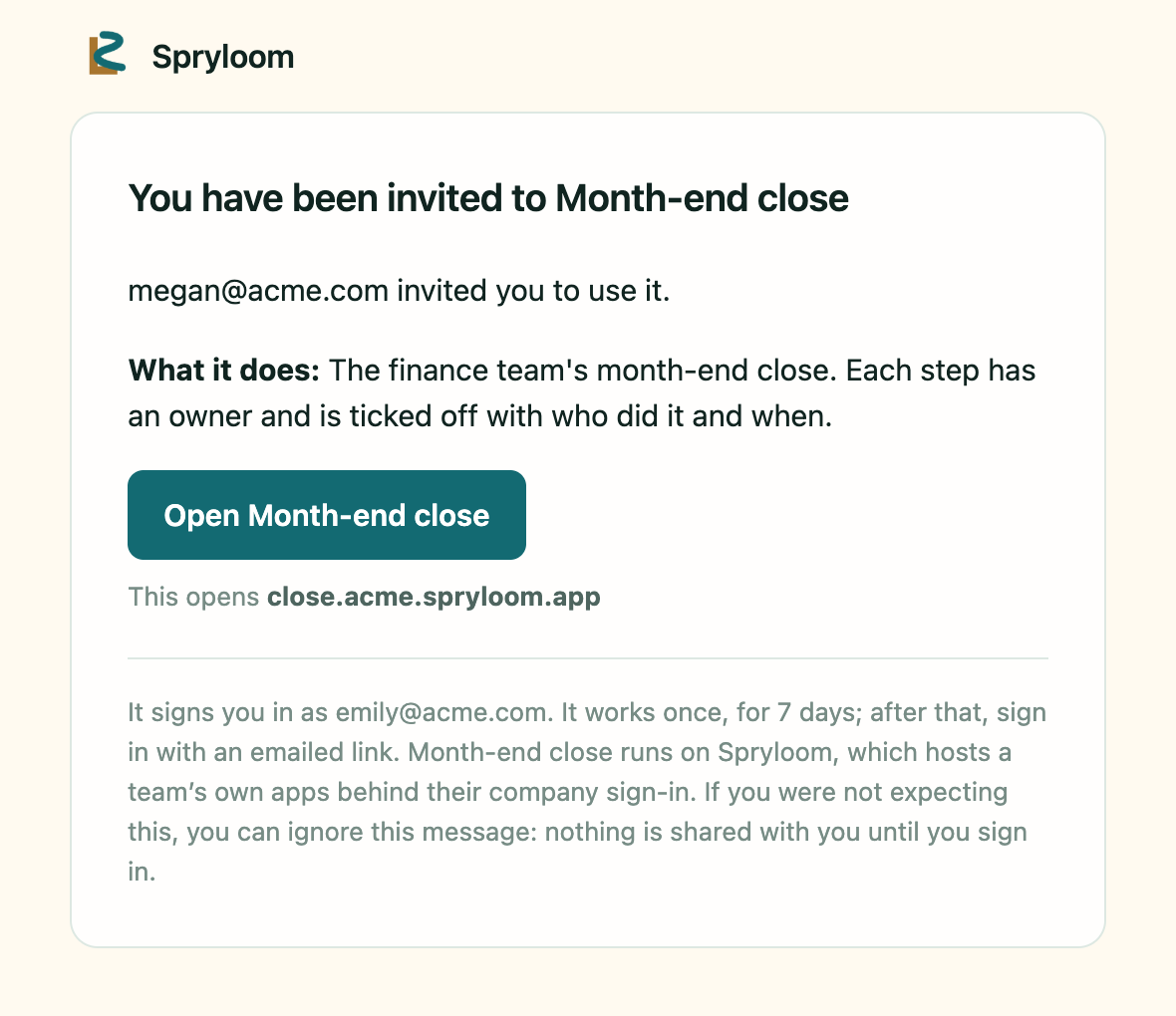 The invitation email: megan@acme.com invited you to Month-end close, with what it does and an Open Month-end close button.