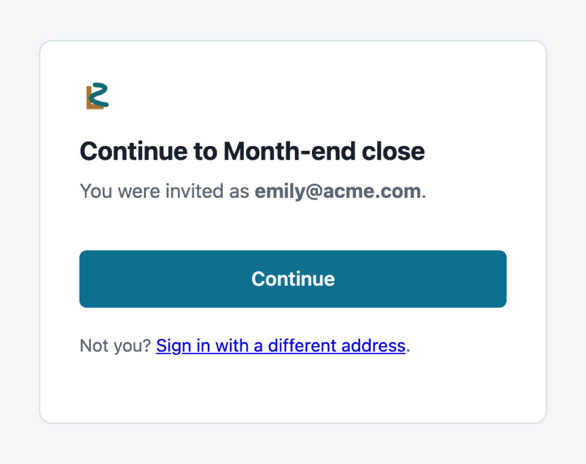 The sign-in page: Continue to Month-end close. You were invited as emily@acme.com. A Continue button.